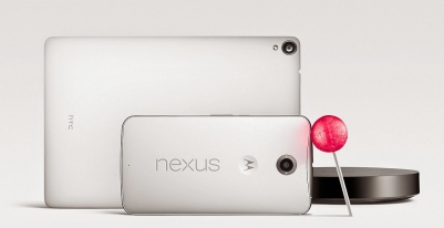 Three device & # x105; equipment marked with name & # x105; & # x2013 Nexus, a smartphone Motorola Nexus 6 (front), HTC Nexus tablet 9 (of You & # x142; u) and the player to your TV Player Nexus (right). 